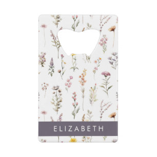 Colorful Flowers, Wildflowers, Greenery, Your Name Credit Card Bottle Opener