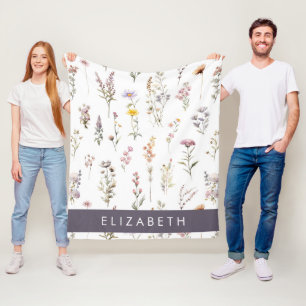Colorful Flowers, Wildflowers, Greenery, Your Name Fleece Blanket
