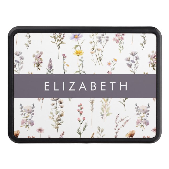 Colorful Flowers, Wildflowers, Greenery, Your Name Hitch Cover (Front)