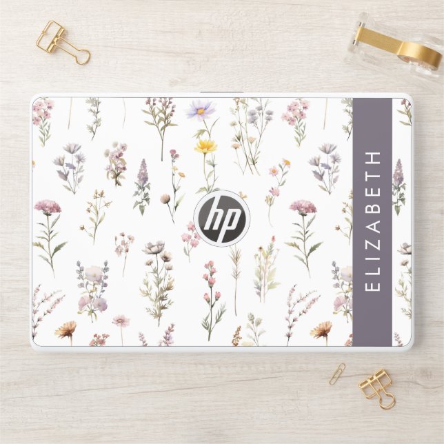 Colorful Flowers, Wildflowers, Greenery, Your Name HP Laptop Skin (Desk)