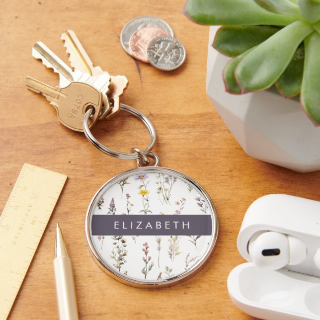 Colorful Flowers, Wildflowers, Greenery, Your Name Keychain (Desk)