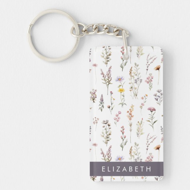 Colorful Flowers, Wildflowers, Greenery, Your Name Keychain (Front)