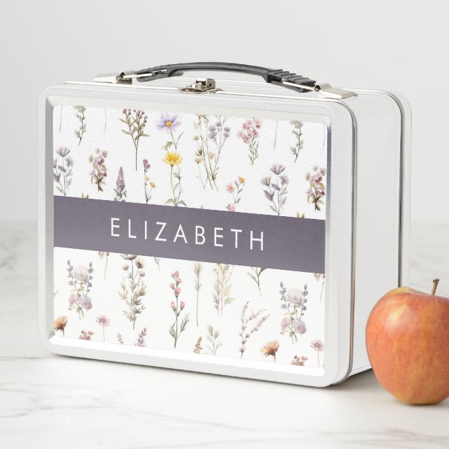 Colorful Flowers, Wildflowers, Greenery, Your Name Metal Lunch Box (In Situ)