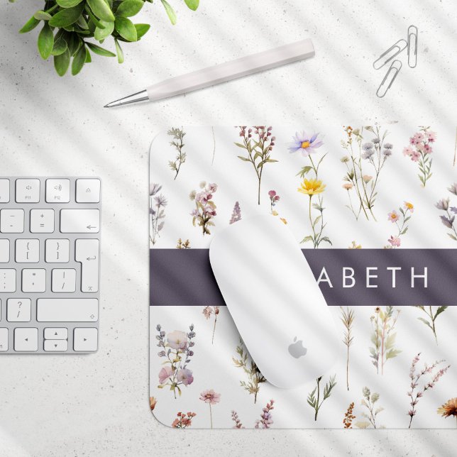 Colorful Flowers, Wildflowers, Greenery, Your Name Mouse Pad (Creator Uploaded)