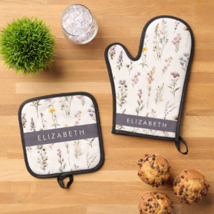 Colorful Flowers, Wildflowers, Greenery, Your Name Oven Mitt & Pot Holder Set