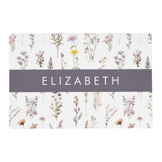 Colorful Flowers, Wildflowers, Greenery, Your Name Placemat (Front)