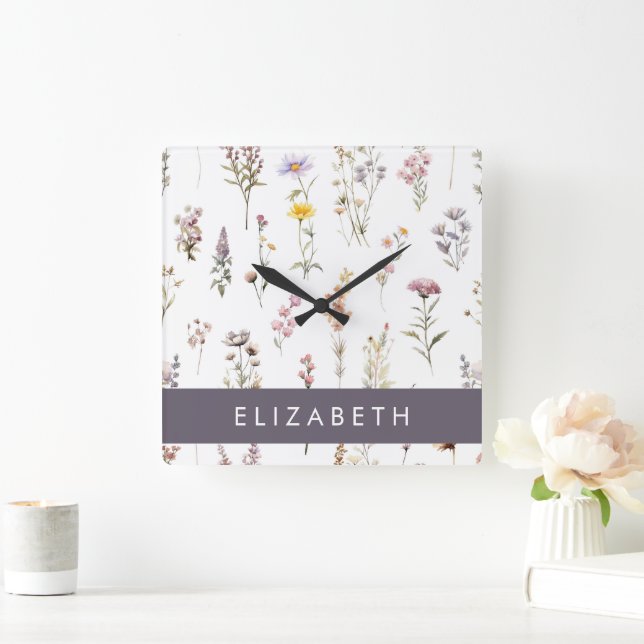 Colorful Flowers, Wildflowers, Greenery, Your Name Square Wall Clock (Home)