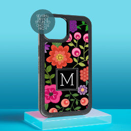 Colorful Flowers with Black Background Monogram iPhone 15 Case