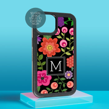 Colorful Flowers With Black Background Monogram Iphone 15 Case by icases at Zazzle
