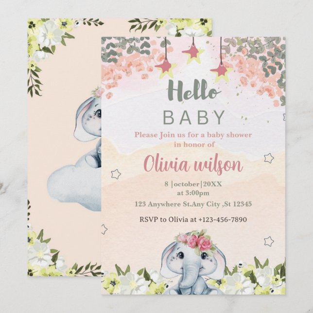 colorful flowers with cute elephant   party  invitation (Front/Back)