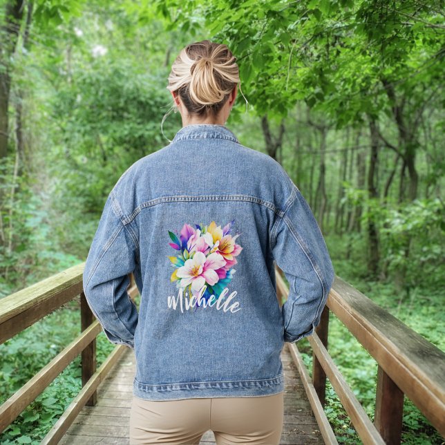 Colorful Flowers with Name Denim Jacket (Creator Uploaded)