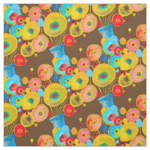 colorful flowers with vase brown blue fabric