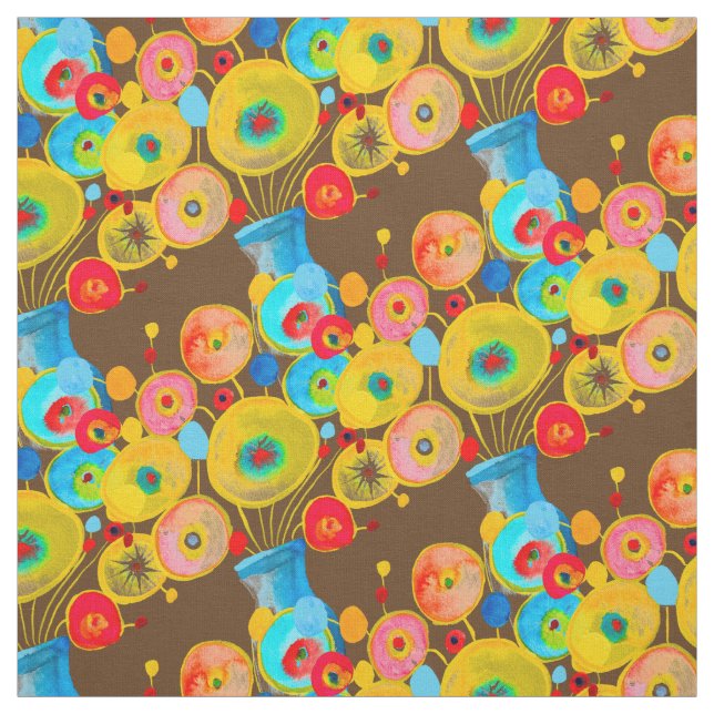 colorful flowers with vase brown blue fabric (Swatch)