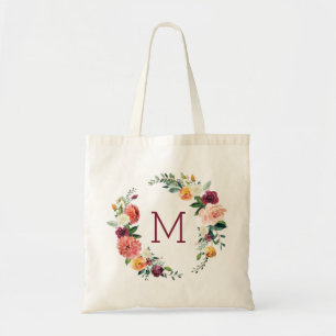 Colorful flowers wreath monogram tote bag