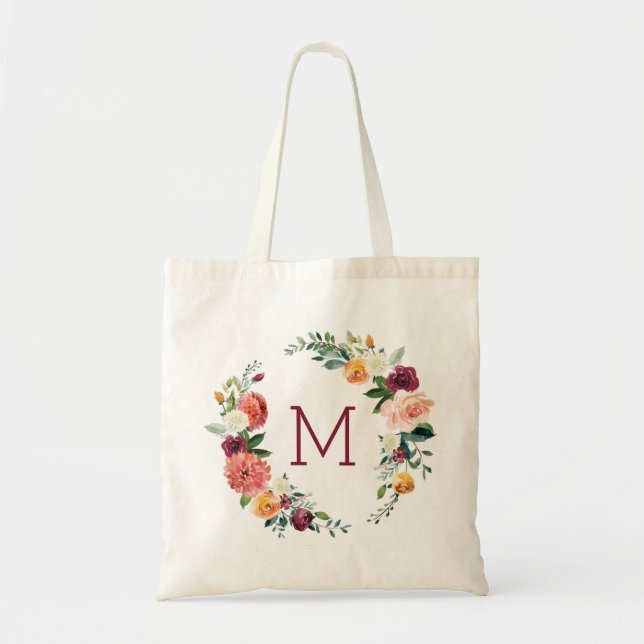Colorful flowers wreath monogram tote bag (Front)