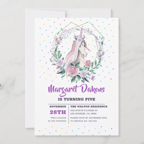 Colorful flowers wreath  unicorn holiday card