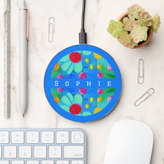 colorful flowers yellow blue pink watercolor wireless charger (Desk)