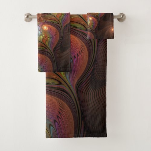 Colorful Fluorescent Abstract Trippy Brown Fractal Bath Towel Set