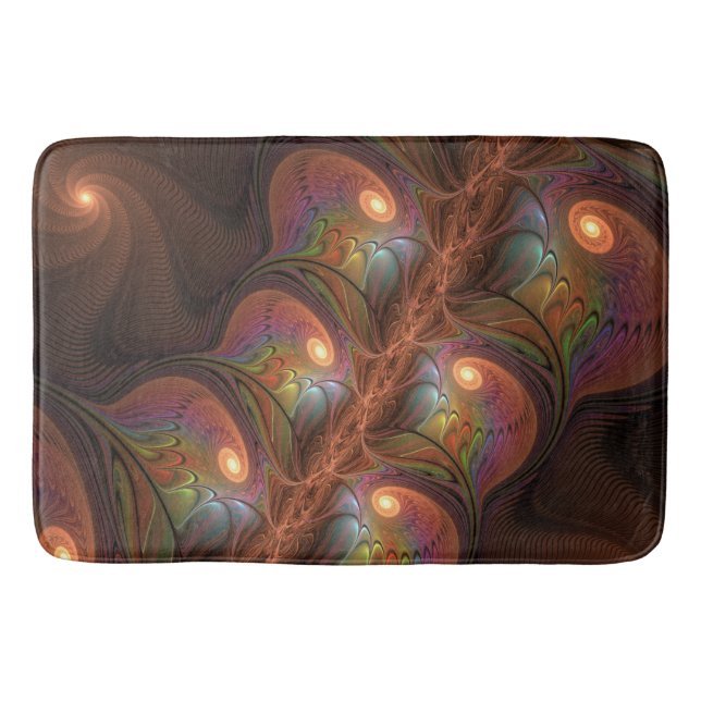 Colorful Fluorescent Abstract Trippy Brown Fractal Bathroom Mat (Front)