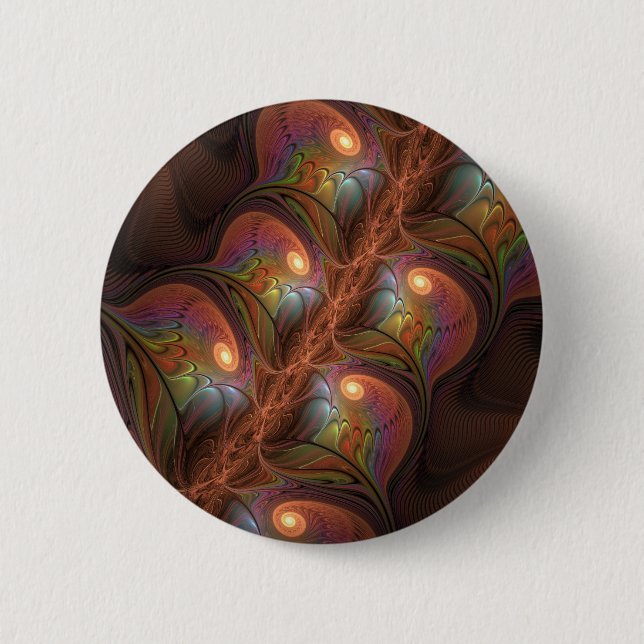 Colorful Fluorescent Abstract Trippy Brown Fractal Button (Front)