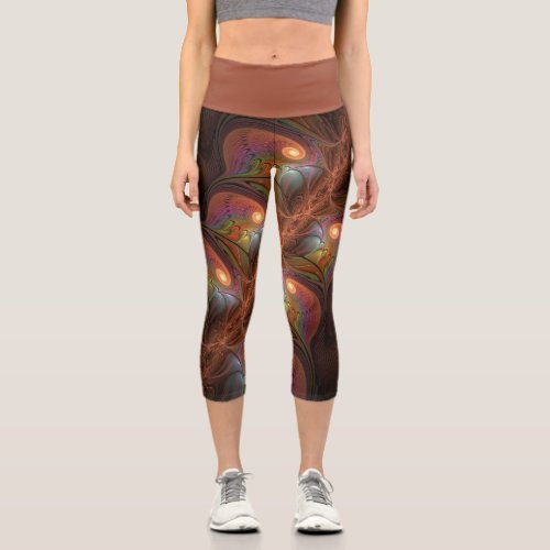Colorful Fluorescent Abstract Trippy Brown Fractal Capri Leggings
