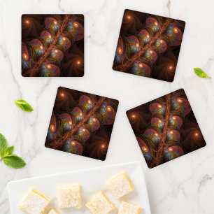 Colorful Fluorescent Abstract Trippy Brown Fractal Coaster Set