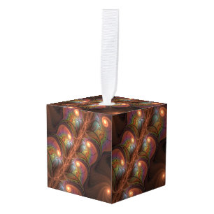 Colorful Fluorescent Abstract Trippy Brown Fractal Cube Ornament