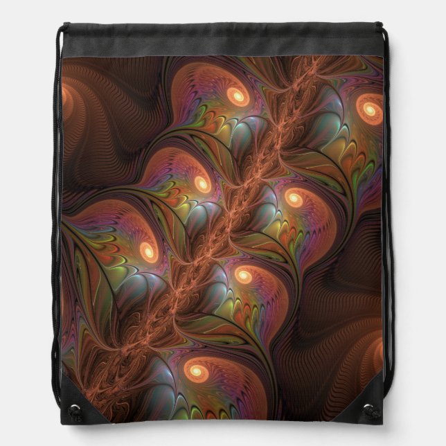 Colorful Fluorescent Abstract Trippy Brown Fractal Drawstring Bag (Front)