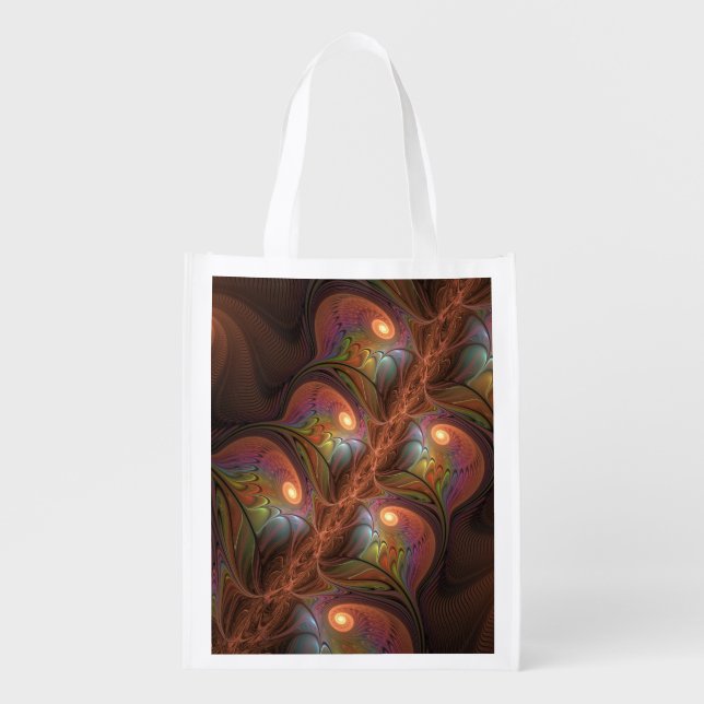 Colorful Fluorescent Abstract Trippy Brown Fractal Grocery Bag (Front)