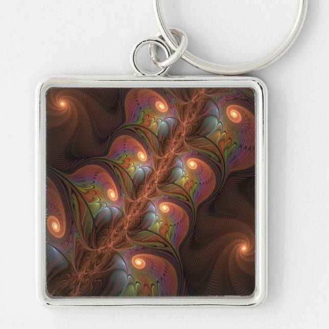 Colorful Fluorescent Abstract Trippy Brown Fractal Keychain (Front)