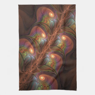 Colorful Fluorescent Abstract Trippy Brown Fractal Kitchen Towel