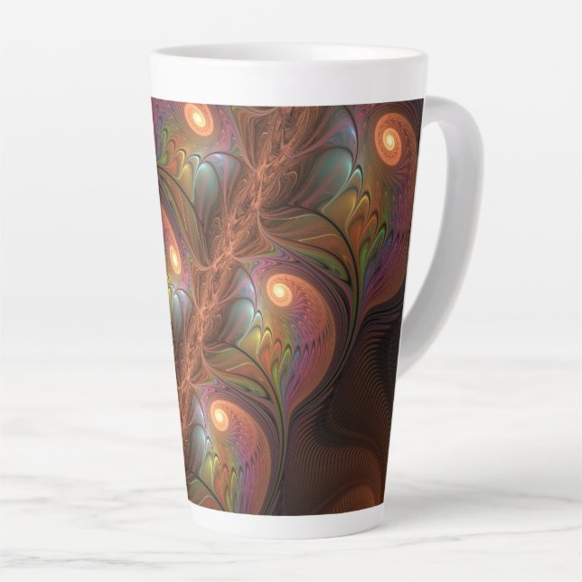 Colorful Fluorescent Abstract Trippy Brown Fractal Latte Mug (Right Angle)