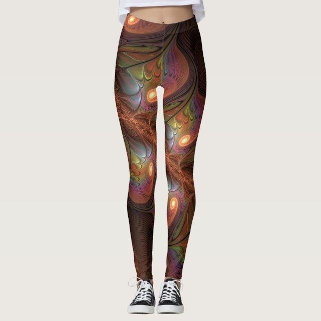 Colorful Fluorescent Abstract Trippy Brown Fractal Leggings (Front)