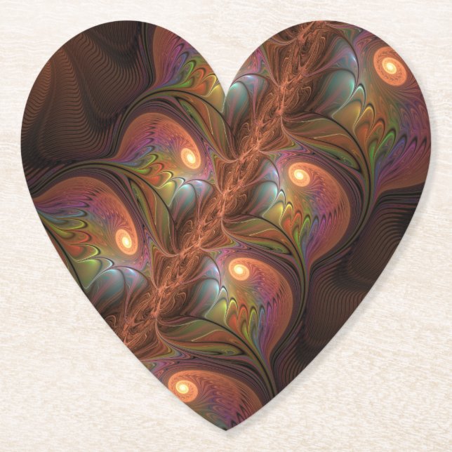 Colorful Fluorescent Abstract Trippy Brown Fractal Paper Coaster (Front)
