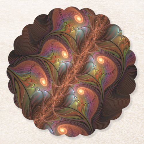 Colorful Fluorescent Abstract Trippy Brown Fractal Paper Coaster