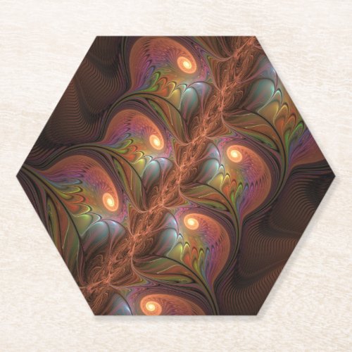 Colorful Fluorescent Abstract Trippy Brown Fractal Paper Coaster
