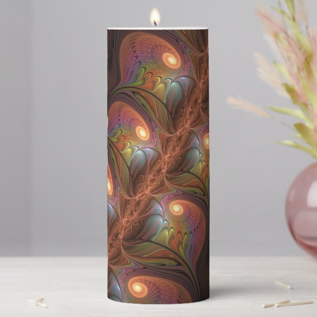 Colorful Fluorescent Abstract Trippy Brown Fractal Pillar Candle (In Situ)