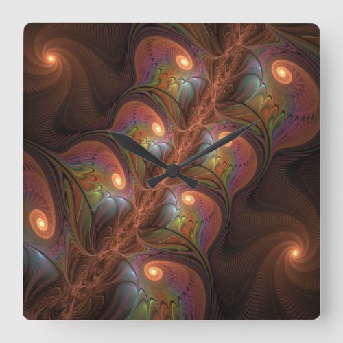 Colorful Fluorescent Abstract Trippy Brown Fractal Square Wall Clock