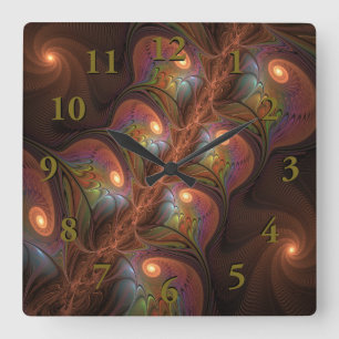 Colorful Fluorescent Abstract Trippy Brown Fractal Square Wall Clock