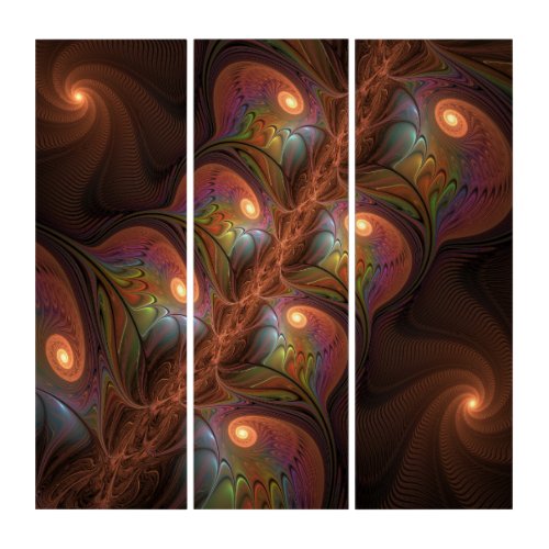 Colorful Fluorescent Abstract Trippy Brown Fractal Triptych