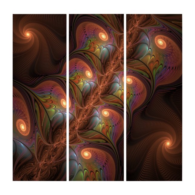 Colorful Fluorescent Abstract Trippy Brown Fractal Triptych (Front)
