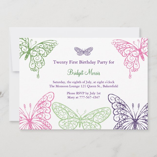Colorful Fluttering Butterflies 21st Birthday Invitation (Front)