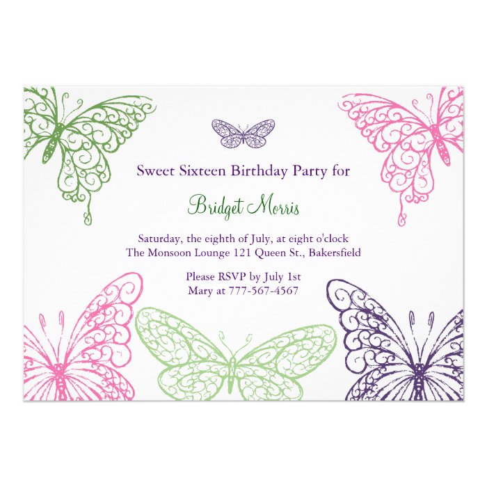 Colorful Fluttering Butterflies Sweet Sixteen Custom Invitations