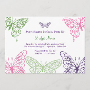 Colorful Fluttering Butterflies Sweet Sixteen Invitation