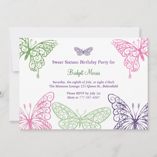 Colorful Fluttering Butterflies Sweet Sixteen Custom Invitations