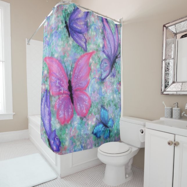 Colorful Flying Butterflies Shower Curtain (In Situ)