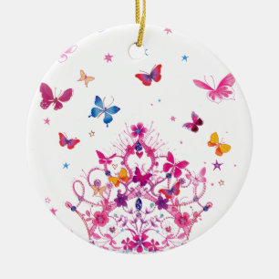 Colorful Flying Butterflies with Crown Art Print Ceramic Ornament