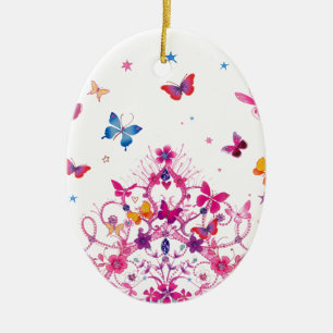 Colorful Flying Butterflies with Crown Art Print Ceramic Ornament