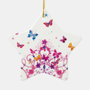 Colorful Flying Butterflies with Crown Art Print Ceramic Ornament