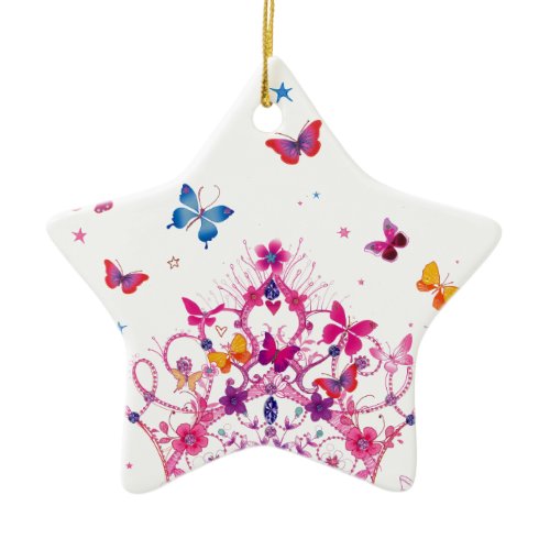 Colorful Flying Butterflies with Crown Art Print Ceramic Ornament